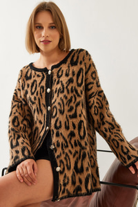Leopar Desenli Oversize Triko Hırka 60351259 - Camel