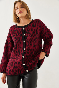 Leopar Desenli Oversize Triko Hırka 60351259 - Bordo