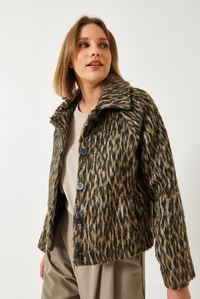 Leopar Desenli Reglan Kollu Şardonlu Ceket 60261251 - Siyah-Bej