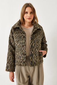 Leopar Desenli Reglan Kollu Şardonlu Ceket 60261251 - Siyah-Bej