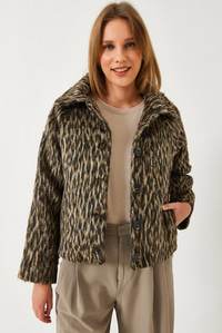 Leopar Desenli Reglan Kollu Şardonlu Ceket 60261251 - Siyah-Bej