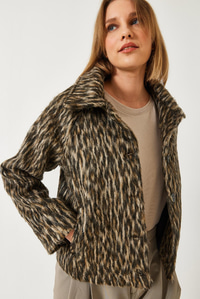 Leopar Desenli Reglan Kollu Şardonlu Ceket 60261251 - Siyah-Bej