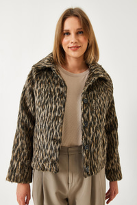 Leopar Desenli Reglan Kollu Şardonlu Ceket 60261251 - Siyah-Bej
