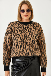 Leopar Desenli Şardonlu Triko Kazak 4597 60351279 - Siyah-Camel