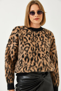 Leopar Desenli Şardonlu Triko Kazak 4597 60351279 - Siyah-Camel