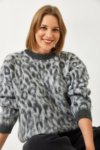 Leopar Desenli Şardonlu Triko Kazak 4597 60351279 - Gri-Antrasit