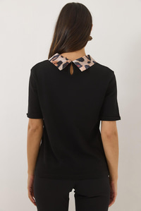 Leopar Desenli Taş Detaylı Saten Polo Yaka Kısa Kollu T-Shirt 60283147 - Siyah
