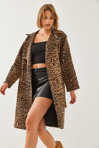 Leopar Desenli Trençkot 2490 60351110 - Siyah-Camel