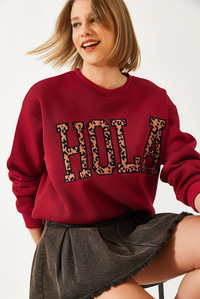 Leopar Nakışlı Üç İplik Şardonlu Sweatshirt 60261060 - Bordo