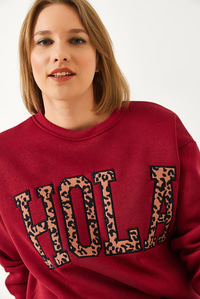 Leopar Nakışlı Üç İplik Şardonlu Sweatshirt 60261060 - Bordo