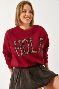 Leopar Nakışlı Üç İplik Şardonlu Sweatshirt 60261060 - Bordo
