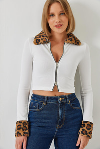 Leopar Peluşlu Fermuarlı Hırka 60261015 - Beyaz HIRKA modelleri