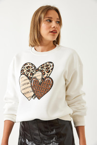 Leoparlı Üç Kalp Baskılı Sweatshirt 60601034 - Ekru