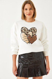 Leoparlı Üç Kalp Baskılı Sweatshirt 60601034 - Ekru