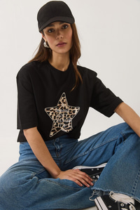 Leoparlı Yıldız Baskılı Bisiklet Yaka Kısa Kollu Oversize T-Shırt 0268 60283156 - Siyah