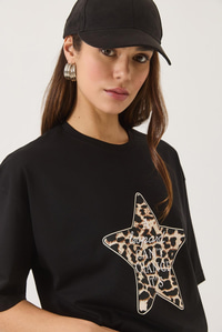 Leoparlı Yıldız Baskılı Bisiklet Yaka Kısa Kollu Oversize T-Shırt 0268 60283156 - Siyah