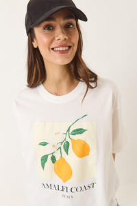 Limon Baskılı Beyaz Pamuk Penye Oversize T-Shirt 251047 60283126 - Beyaz