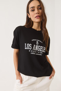 Los Angeles Baskılı Bisiklet Yaka Salaş T-Shirt 0269 60283154 - Siyah