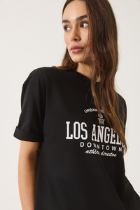 Los Angeles Baskılı Bisiklet Yaka Salaş T-Shirt 0269 60283154 - Siyah