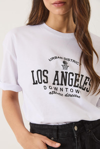 Los Angeles Baskılı Bisiklet Yaka Salaş T-Shirt 0269 60283154 - Beyaz