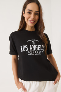Los Angeles Baskılı Bisiklet Yaka Salaş T-Shirt 0269 60283154 - Siyah