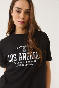 Los Angeles Baskılı Bisiklet Yaka Salaş T-Shirt 0269 60283154 - Siyah