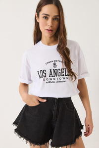 Los Angeles Baskılı Bisiklet Yaka Salaş T-Shirt 0269 60283154 - Beyaz