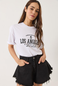 Los Angeles Baskılı Bisiklet Yaka Salaş T-Shirt 0269 60283154 - Beyaz