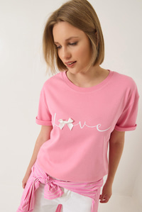 Love Baskılı Kurdele Detaylı Normal Kalıp Pamuklu T-Shirt 60283208 - Pembe