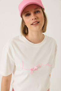 Love Baskılı Kurdele Detaylı Normal Kalıp Pamuklu T-Shirt 60283208 - Beyaz