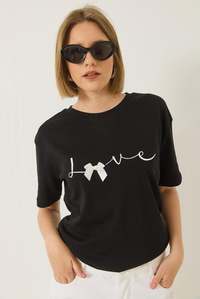 Love Baskılı Kurdele Detaylı Normal Kalıp Pamuklu T-Shirt 60283208 - Siyah