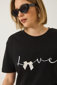 Love Baskılı Kurdele Detaylı Normal Kalıp Pamuklu T-Shirt 60283208 - Siyah