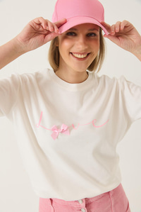 Love Baskılı Kurdele Detaylı Normal Kalıp Pamuklu T-Shirt 60283208 - Beyaz