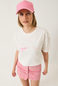 Love Baskılı Kurdele Detaylı Normal Kalıp Pamuklu T-Shirt 60283208 - Beyaz