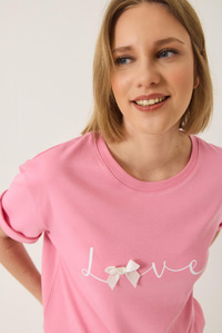 Love Baskılı Kurdele Detaylı Normal Kalıp Pamuklu T-Shirt 60283208 - Pembe