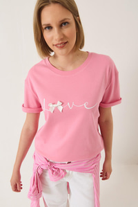 Love Baskılı Kurdele Detaylı Normal Kalıp Pamuklu T-Shirt 60283208 - Pembe