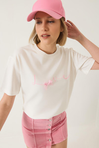 Love Baskılı Kurdele Detaylı Normal Kalıp Pamuklu T-Shirt 60283208 - Beyaz