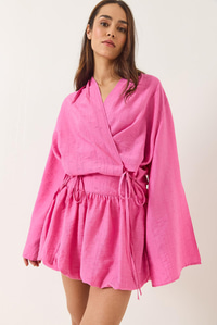 Mini Balon Etekli Bağlama Detaylı Kimono Alt-Üst Takım 60434 60283137 - Şeker Pembe