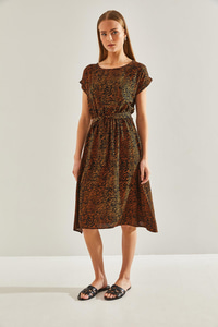 Multi Desenli Beli Lastikli Elbise 60101047 - Siyah-Camel ELBİSE modelleri