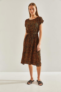 Multi Desenli Beli Lastikli Elbise 60101047 - Siyah-Camel ELBİSE modelleri