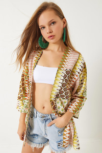 Multi Desenli Viskon Keten Kısa Kimono 60261537 - Yeşil