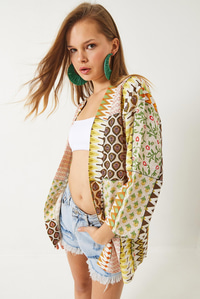 Multi Desenli Viskon Keten Kısa Kimono 60261537 - Yeşil
