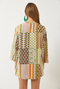 Multi Desenli Viskon Keten Kısa Kimono 60261537 - Yeşil