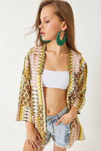 Multi Desenli Viskon Keten Kısa Kimono 60261537 - Yeşil