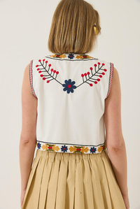 Nakış Detaylı Crop Keten Yelek 237 60283215 - Ekru-Sarı