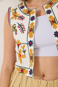Nakış Detaylı Crop Keten Yelek 237 60283215 - Ekru-Sarı