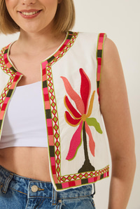 Nakış Detaylı Crop Keten Yelek 291 60283216 - Ekru-Kırmızı