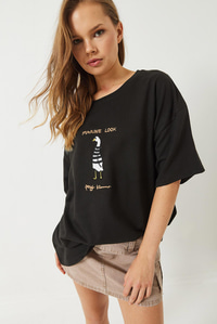 Nakışlı Oversize Örme T-Shirt 3037 60283078 - Siyah