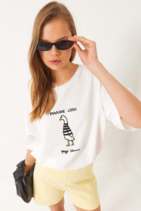 Nakışlı Oversize Örme T-Shirt 3037 60283078 - Beyaz