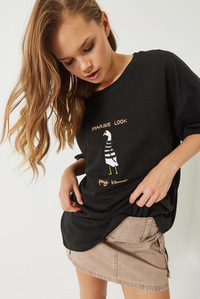 Nakışlı Oversize Örme T-Shirt 3037 60283078 - Siyah